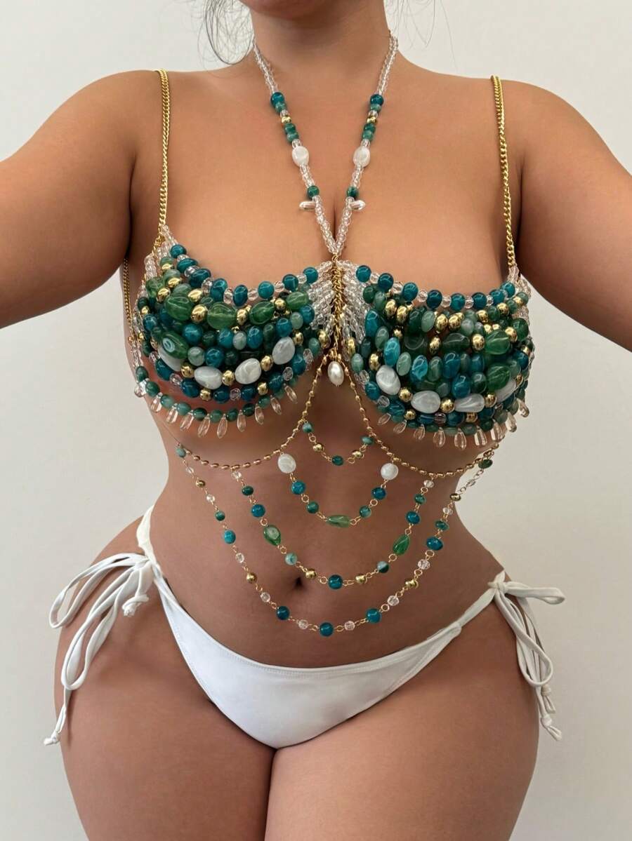 Swim SXY Áo khoác đi biển cổ yếm đính hạt dành cho nữ cỡ lớn - màu xanh lá - Xem 1