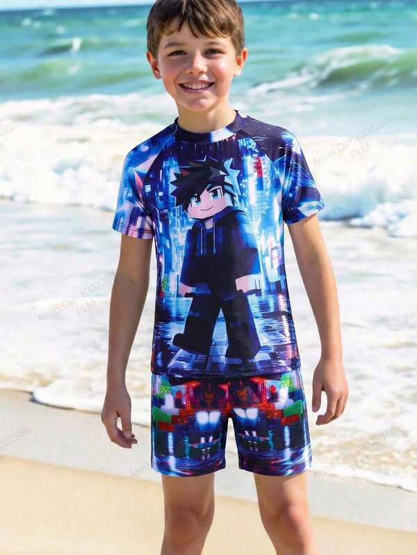 SHEIN 2pcs Tween Boy Casual Versatile Printed Pattern Crew Neck Short Sleeve Swimsuit Set, Streetwear 3D Graphic, Y2K Swimwear Set, Short Sleeve Crew Neck T-Shirt And Elastic Waist Shorts Set, Suitable For Spring/Summer, Vacation, Beach