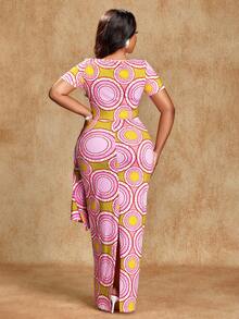 Brilight 女士优雅性感连衣裙，前开襟设计。南非传统服饰。适合派对和下午茶场合。艺术印花。春夏时尚色彩。艺术摄影礼服。音乐节服装。夏季女装。 - 粉色 - 查看 2