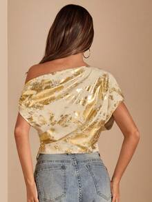 SHEIN BAE 金色纹理不对称肩部衬衫，女士金色上衣，夏季斜肩上衣，适合夜店派对、外出穿着，夏季女装，复古富贵，工作/办公室，女士商务休闲装，办公室着装 - 金色 - 查看 3