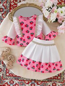 Conjunto de 2 piezas de camiseta de manga larga con encaje floral y cinta dorada, y falda con estampado floral pequeño para niñas pequeñas, nueva moda primavera/verano 2026, atuendo de Oriente Medio, esencial para viajar - Rosa - Ver 8