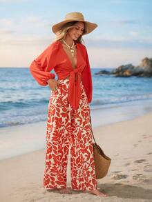 Sylviya 女士休闲橙色度假长袖上衣和裤子套装，度假 - 彩色 - 查看 4
