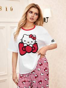 HELLO KITTY AND FRIENDS | SHEIN 女士可爱蝴蝶结卡通图案短袖T恤和格子长裤睡衣套装，春夏秋季 - 白色 - 查看 5