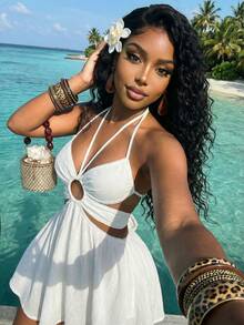 Slaydiva 夏季时尚基础款，百搭休闲又不失优雅，适合度假、旅行、海滩、海边、泳池、游艇、日光浴等场合，可爱甜美，休闲又不失优雅，露背蕾丝拼接镂空A字伞裙白色绉纱女士短裙 - Z - 白色 - 查看 2