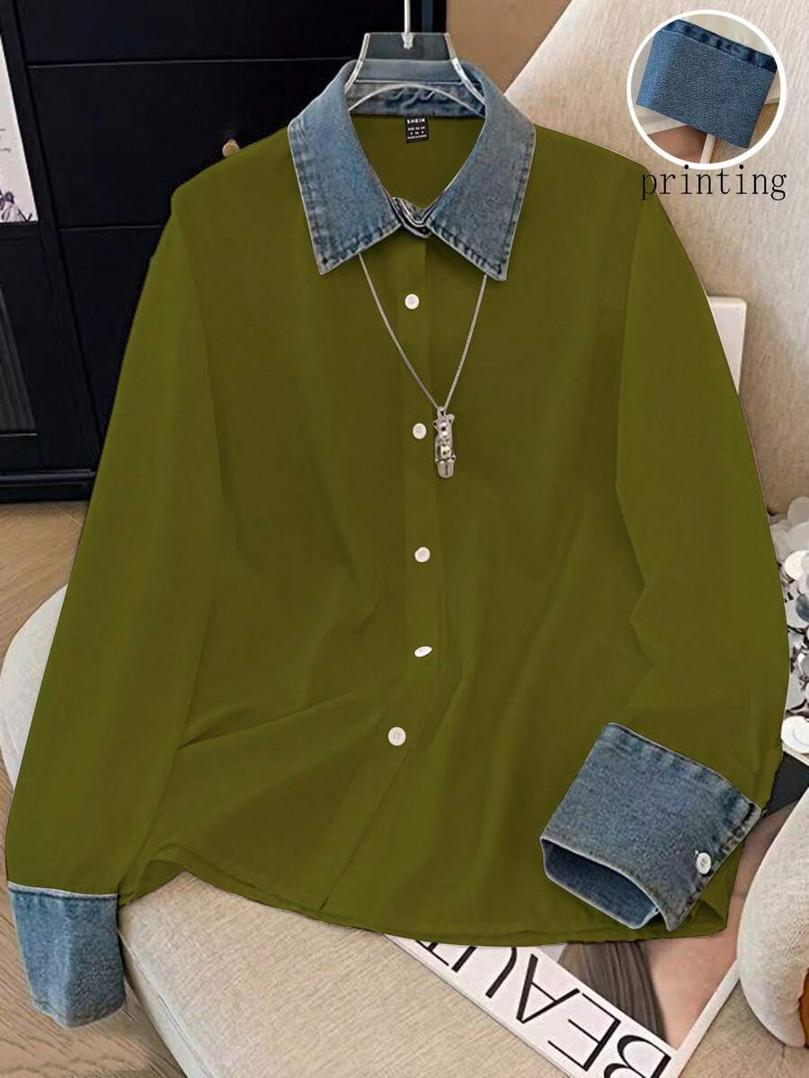 GlowEve Áo sơ mi nữ tay dài cài cúc phía trước, kiểu dáng thường ngày, phối họa tiết denim, thích hợp cho mùa thu/đông. - xanh quân đội - Xem 1