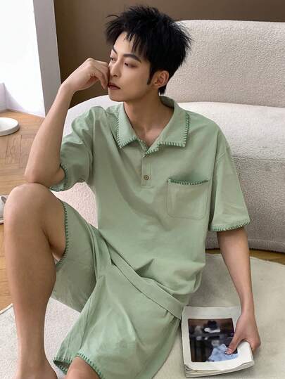 DAZY Green Short Sleeve Top And Shorts Men's Pajama Set, Summer