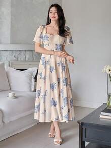 DAZY Women's Elegant Floral Print Square Neck Ruffle Sleeve Midi Dress, Summer Wedding Guest Dress - Blue - View 4