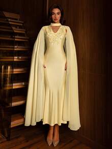 Modelyn Fashionable Deep V-Neck Asymmetric Patchwork Flowy Sleeve Rhinestone Embellished Fitted Dress - Yellow - View 5