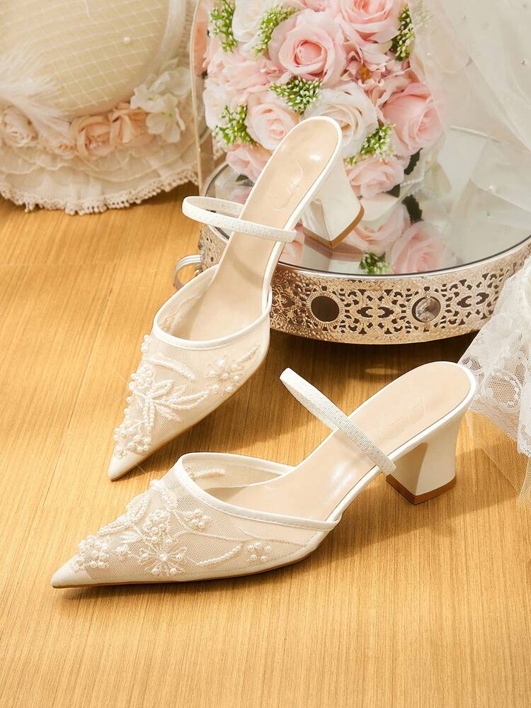 CUCCOO HITCHD Women Shoes Spring Summer Pearl Embroidery Pointed Toe Instep Sticking Heel Shoes Coarse Heel Mesh Women's Shoes Solid Color Women's High Heel Shoes Daily Commuter Dating Party