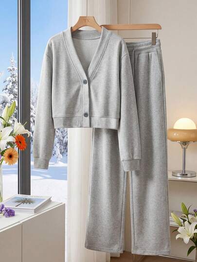 Airaco Conjunto de sudadera con cuello en V profundo cómodo y casual de moda para mujer