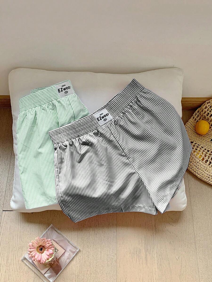 Comfortcana Bộ 2 chiếc quần short in sọc, lưng thun, có miếng vá, kiểu dáng thường ngày, đa năng. - Màu xanh chanh - Xem 1