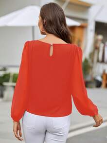 EMERY ROSE Solid Color Round Neck Casual Versatile Long Sleeve Pullover Shirt Chiffon Blouses For Women - Orange - View 2