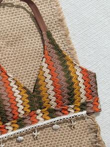 Girls Halter Neck Bikini Top,White,Summer,Cute,Sequin,Beach,Holiday,Boho Pleated Fabric Beige Simple Solid Shell Decor Hem Woven Patchwork For Teens - Multicolor - View 3