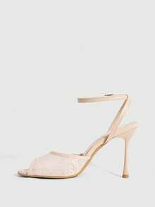 CUCCOO SZL 女士方头细跟杏色蕾丝网眼踝带性感时尚裙装宴会派对女士高跟露趾凉鞋 - 杏色 - 查看 4