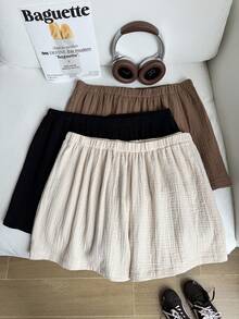 Comfortcana 3pcs/Set Plus Size Solid Color Linen Comfortable Casual Versatile Shorts, Spring/Summer,Two-Piece Set Of Comfortable Cotton Shorts Comfortable Shorts - Multicolor - View 7