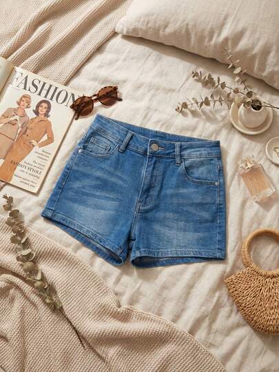 Shorts de mezclilla de corte minimalista, diseño elástico y cómodo, estilo casual y versátil