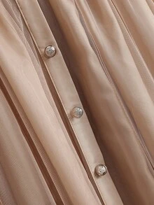 SHEIN PETITE CURVE 大码女式网纱拼接纽扣装饰优雅休闲通勤裙 - 卡其色 - 查看 4