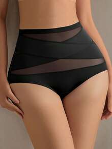 Women's Mesh Patchwork Shaping Cinched Waist Pants - Black - View 3