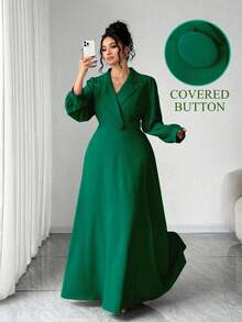 Elenzga 大码女式绿色优雅收腰A字灯笼袖连衣裙，成熟收腰连衣裙，适合外出、派对、街头穿着，也适合返校、毕业、假期、情人节等场合。 - 墨綠色 - 查看 7