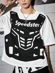 ROMWE MEN Street Life 男士功能性仿马甲印花圆领短袖休闲T恤 - 黑與白 - 查看 2