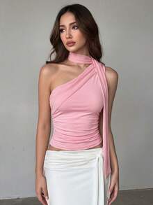 SHEIN EZwear Blusa sin mangas plisada elegante para mujer, color rosa claro, para verano - Rosa Pálido - Ver 4