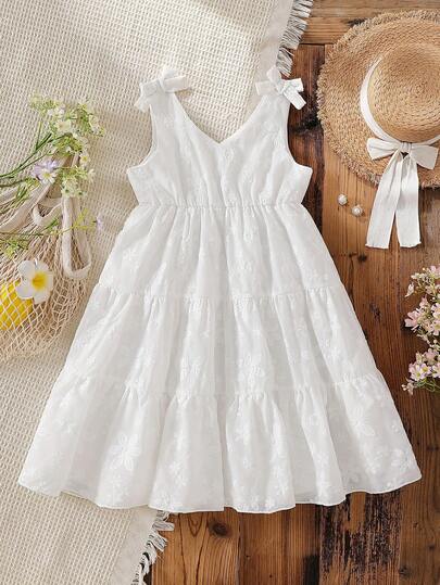 SHEIN Vintaside Kids Vestido de vacaciones blanco con tirantes de lazo y adorno de encaje para niñas