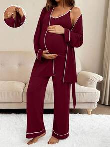 SHEIN 2pcs Nursing Contrast Trim Spaghetti Strap Jumpsuit & Romper Set - Burgundy - View 8