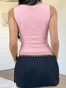 SHEIN EZwear Women's Light Pink Round Neck Mesh Patchwork Slim Fit Casual Tank Top, Spring/Summer - Baby Pink - View 2