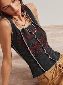 Bohemela 休闲针织印花女式背心 - 黑色 - 查看 6