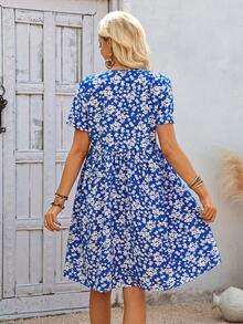 EMERY ROSE Đầm ngắn cổ chữ V in hoa dành cho nữ, thích hợp cho kỳ nghỉ hè. - Xanh và trắng - Xem 2