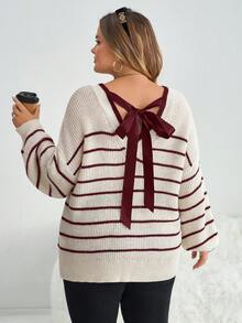 SHEIN CURVE+ Plus Size Bowknot Back Sweater, Striped Pattern Pullover Autumn Winter Clothes For Women - Burgundy - View 7