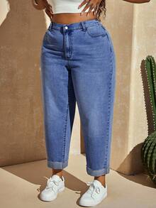 Slaydiva Plus Size Solid Color Casual Jeans Curve Jeans Plus Size Plus Size Jeans High Waisted Jeans Plus Size Curve Denim Plus Size Denim - Medium Wash - View 5