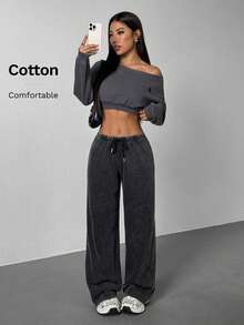 SHEIN PETITE Quần nỉ ống đứng lưng thấp thường ngày dành cho nữ, thích hợp cho mùa hè, đã giặt - màu đen - Xem 7