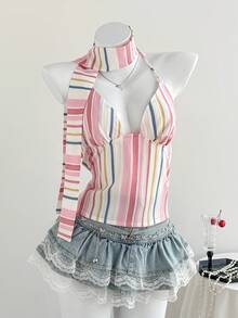 Elamini Women's Y2K Pink Striped Textured V-Neck Halter Backless Tie Camisole Top, Elegant Romantic Bohemian Vacation Beach , Versatile For Spring/Summer Daily Wear - Pink - View 1