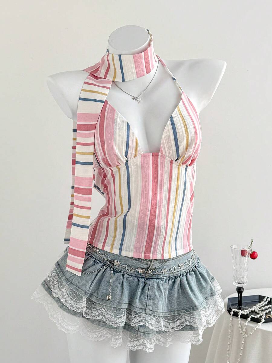 Elamini Women's Y2K Pink Striped Textured V-Neck Halter Backless Tie Camisole Top, Elegant Romantic Bohemian Vacation Beach , Versatile For Spring/Summer Daily Wear - Pink - View 1