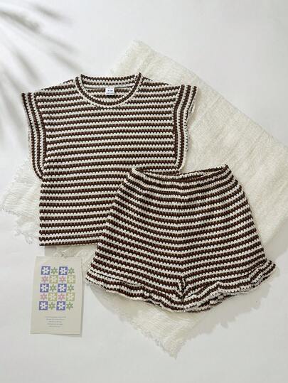 SHEIN Playful Pals 2pcs/Set Baby Girl Infant Toddler 0-3Y Spring Summer Casual Daily Vacation Textured Knit Black & White Striped Ruffle Sleeve Round Neck T-Shirt And Shorts Set