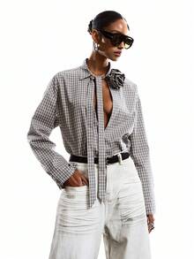 LYSMO 2026 New Arrive Minimalism Spring/Summer Women's Casual Plaid Floral Print 3D Shirt,Going Out Top,Stylish Women's Blouses/Casual Blouses For Women,Vintage,Plaid/Casual,Vacation/Boho/Sexy - Coffee Brown - View 3