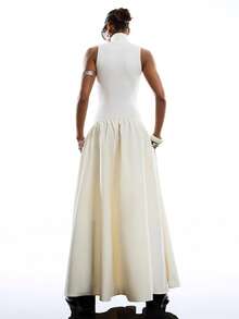 LYSMO 2026 New Arrive Minimalism Spring/Summer Women's Fashion Ribbed Knit Patchwork Turtleneck Sleeveless Dress - Beige - View 2