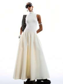 LYSMO 2026 New Arrive Minimalism Spring/Summer Women's Fashion Ribbed Knit Patchwork Turtleneck Sleeveless Dress - Beige - View 1