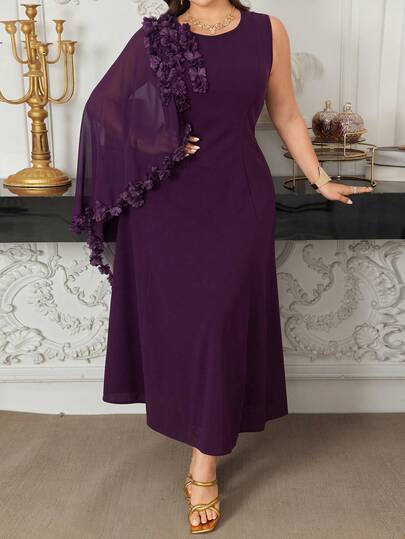 Modelyn Vestido poncho de gasa con estampado floral para mujer talla grande, estilo francés romántico elegante y ajustado para primavera/verano y vacaciones