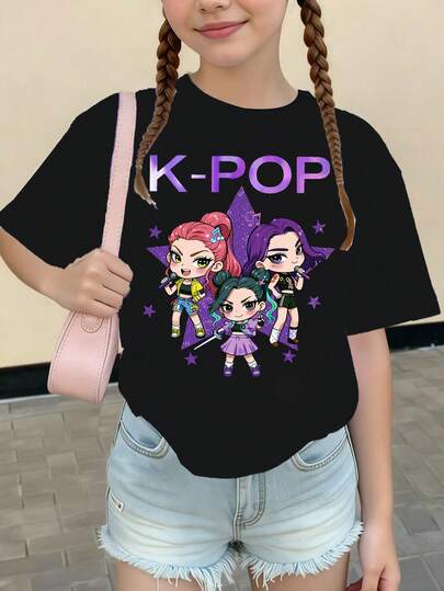 1pc Tween Girls' Casual Fashion Colorful K-POP Girl Group Letter & Star Print Black T-Shirt, Suitable For Summer Outings, Girls' Gift Choice For All Seasons