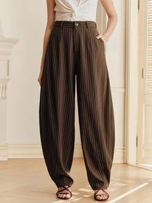 Anewsta 春季新款条纹修身宽松喇叭裤女式西装裤 - 咖啡棕 - 查看 1