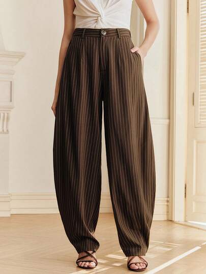 Anewsta 春季新款条纹修身宽松喇叭裤女式西装裤