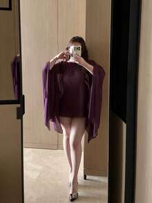 Vibekara Blusa Plus Size de Chiffon Semitransparente com Decote Redondo, Manga Morcego, Costas Nuas e Corrente. Solta e Sexy. - Roxa - Ver 4