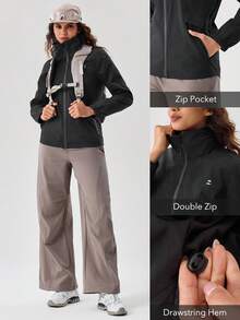 OutZeal 女士黑色冲锋衣，适合露营、徒步，防水防风，可卷起兜帽，后部网眼设计，抽绳腰带，带口袋 - 黑色 - 查看 6