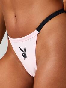 Missguided x Playboy Contrast Trim Bunny Logo Thong Underwear Brief Lingerie Intimate Apparel - Pink - View 4