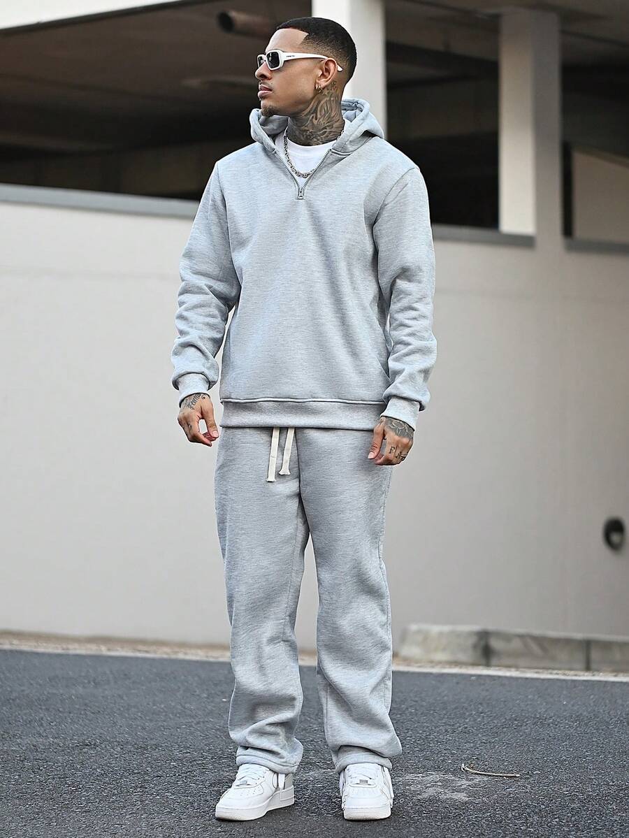 Devon Thys 2pcs Men's Autumn/Winter Casual Sports Hooded Tracksuit Set, Cozy Outfits - Light Grey - View 1