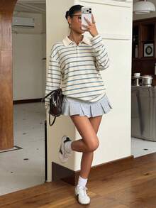 Muchica 蓝白条纹针织休闲女式长袖T恤 - 藍白色 - 查看 5