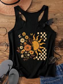 SHEIN LUNE 女士休闲简约格子花朵向日葵度假图案背心，休闲款 - 黑色 - 查看 4