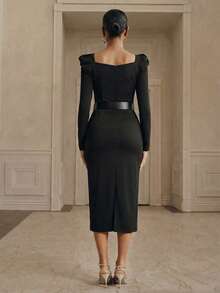 Anewsta Váy bodycon tay bồng cổ chữ V gợi cảm kiểu Pháp cạp cao xẻ tà dành cho nữ - màu đen - Xem 2